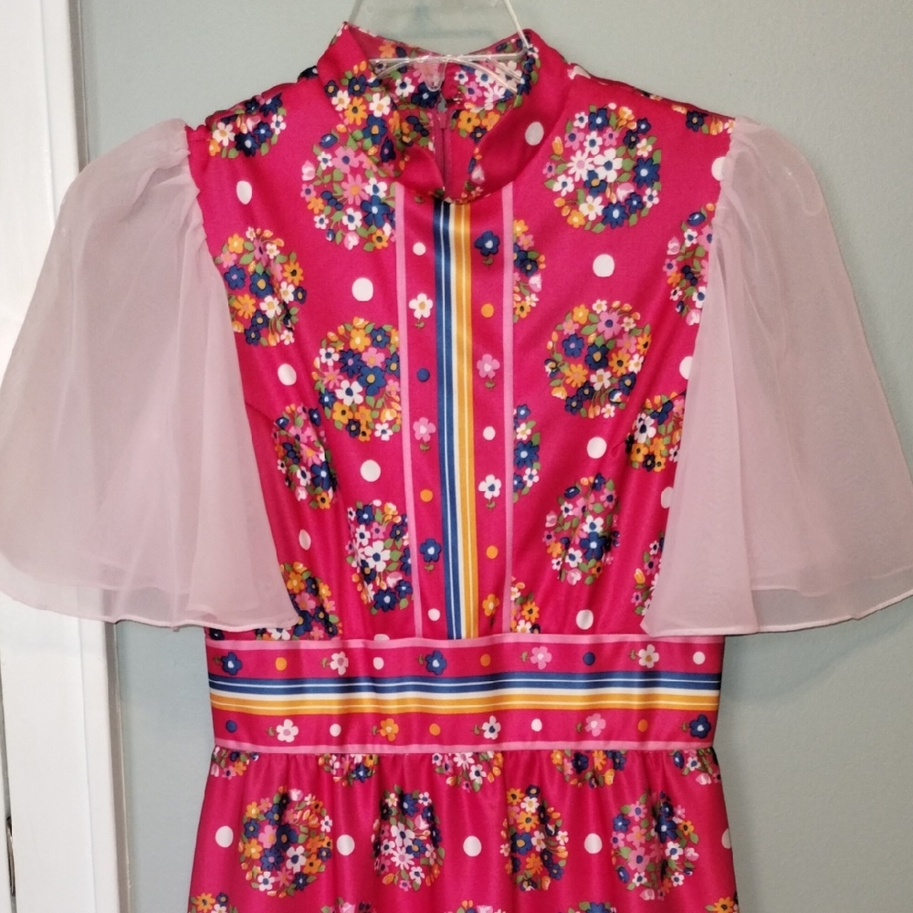 1970s Floral Pink Dress with Sheer Sleeves